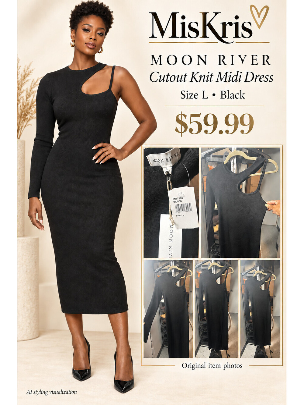 Moon River Dress Womens L Black Ribbed Knit Cutout One Sleeve Midi Sweater Dress